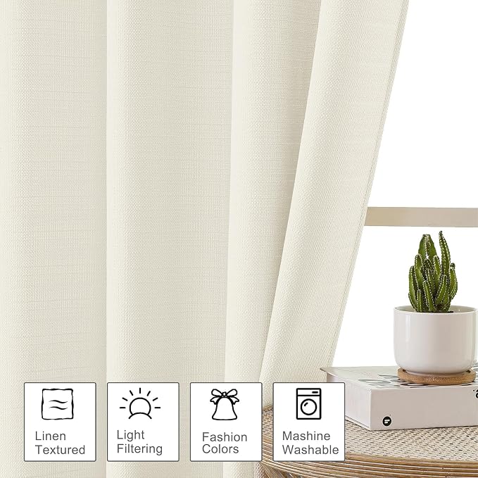 OWENIE Bob Valance Curtains 18 Inch Length 1 Piece, Faux Linen Slub Solid Ivory - Image 2