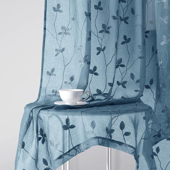 HOMEIDEAS Cyan Blue Sheer Curtains 52 X 96 Inches Length 2 Panels Embroidered - Image 7