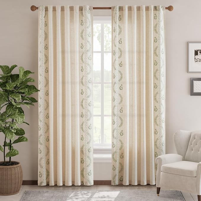 jinchan Belrose Linen Curtains for Bedroom Floral Curtains 84 Inch Length Linen - Image 2