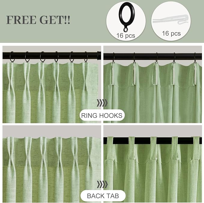 Sage Green Pinch Pleated Curtains 90 Inch Length 2 Panels - Image 3
