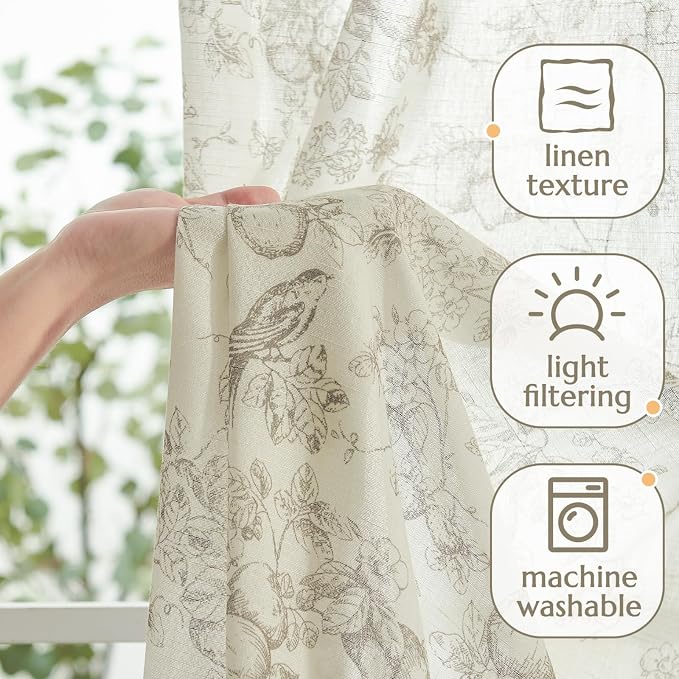 jinchan Linen Floral Curtains for Living Room 96 Inch Length Taupe Printed - Image 3