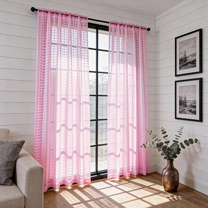 SpaceDresser Check Sheer Curtains 63 Inches 2 Panels Set, Rod Pocket Plaid - Image 4