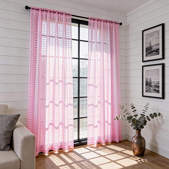 SpaceDresser Check Sheer Curtains 45 Inches 2 Panels Set, Rod Pocket Plaid - Image 4