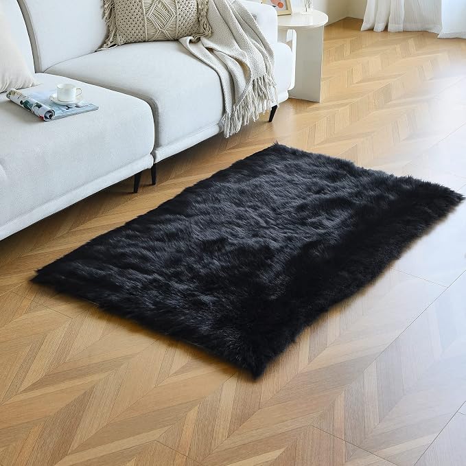 duduta Black Faux Sheepskin Fur Rug 3x5 ft, Fluffy Shag Bedroom Dorm Nursery - Image 5