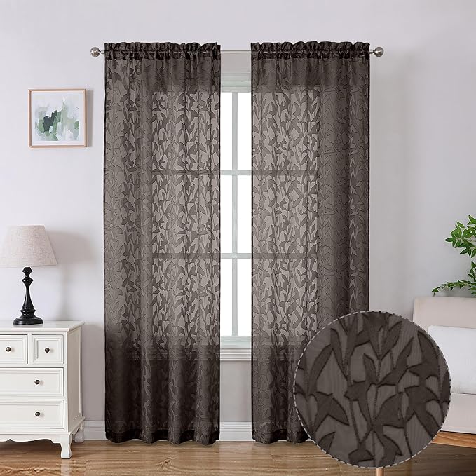 Lecloud Leia Chocolate Brown Sheer Curtains 84 Inches Long 2 Panels, Jacquard by Lecloud