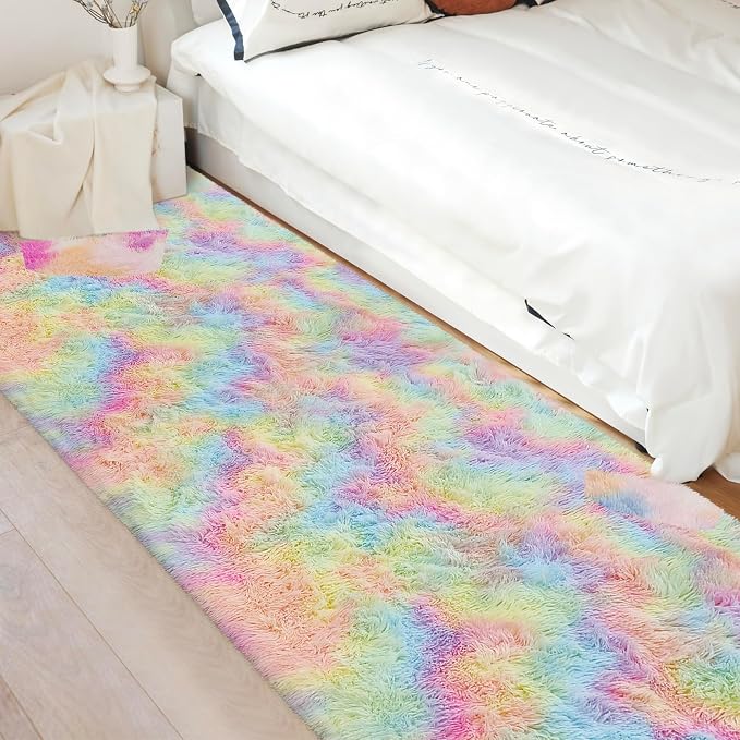 Fluffy Rainbow Rug for Girls Bedroom 3x10 Feet Kawaii Tie Dye Area Rug Colorful - Image 5