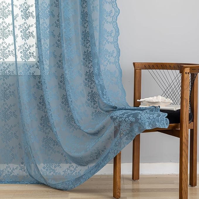 YJ YANJUN Vintage Lace Curtains 72 Inches Long 2 Panels Antique Boho Slate Blue by YJYANJUN