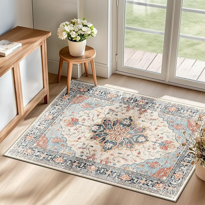 RELEANY Area Rugs 2'x3' Washable Non-Slip, Floral Vintage Distress Print by RELEANY