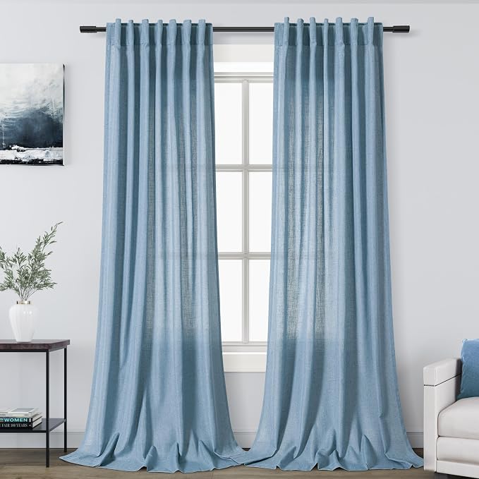 Blue Linen Textured 96 Inch Curtains 2 Panel Set Back Tab Rod Pocket Sheer by Nanspring