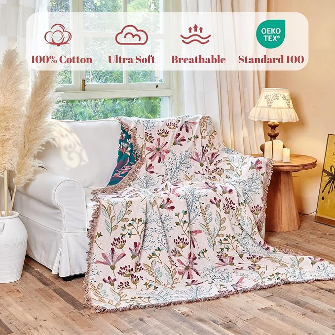 MSGKV Boho Throw Blanket for Couch 50"x60" Floral 100% Cotton Blanket Spring - Image 2