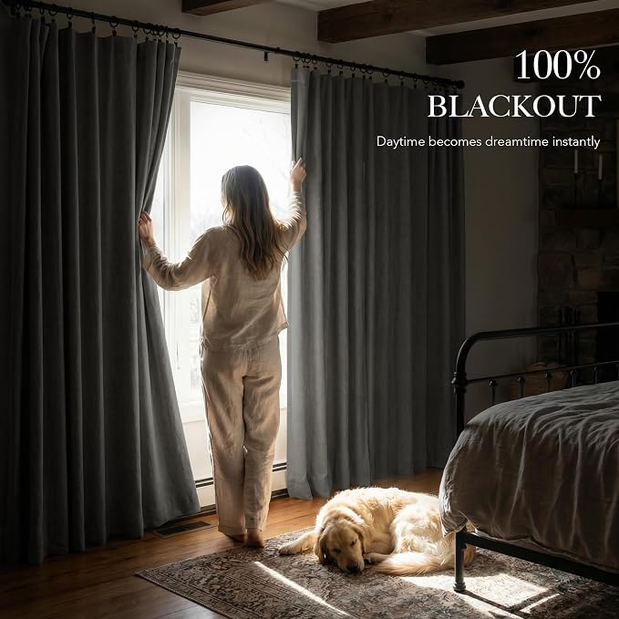RYB HOME 100% Blackout Linen Textured Curtains 90 inches Long, Thermal - Image 3