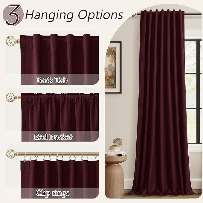 Guken Burgundy 100% Blackout Linen Curtains 84 Inch Length 2 Panels Set - Image 6