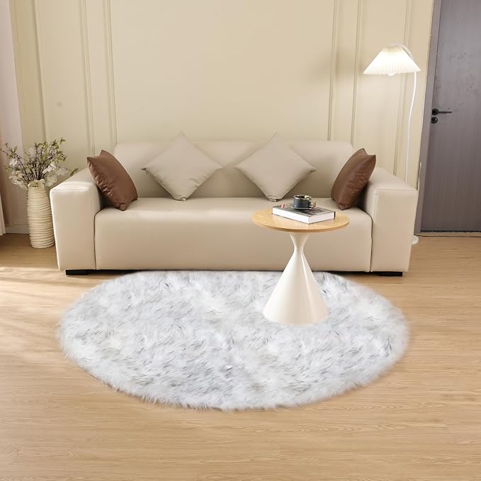 ORINOVA White and Grey Shaggy Round Rugs 6.6ft Large Circle Washable Faux - Image 7