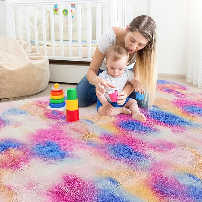 Fluffy Rainbow Colorful Rug for Living Room 5x8 Kawaii Rainbow Tie Dye Area Rug - Image 3