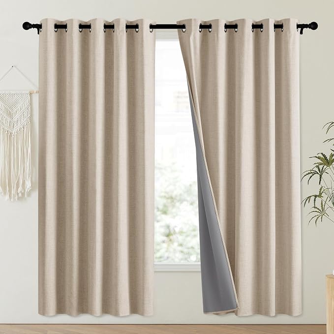 NICETOWN Cream 100% Blackout Linen Curtains 72 inch Long Burg - Image 2