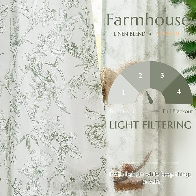 jinchan Floral Curtains 96 Inches Long Sage Green Flower Linen Farmhouse Curtain - Image 3