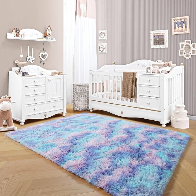 ONASAR Fluffy Area Rugs for Girls Bedroom, 4x6 Purple Rainbow Bedside Rug - Image 7