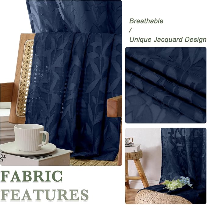 Lecloud Leia Navy Blue Sheer Curtains 72 Inches Long 2 Panels, Jacquard Leaf - Image 4