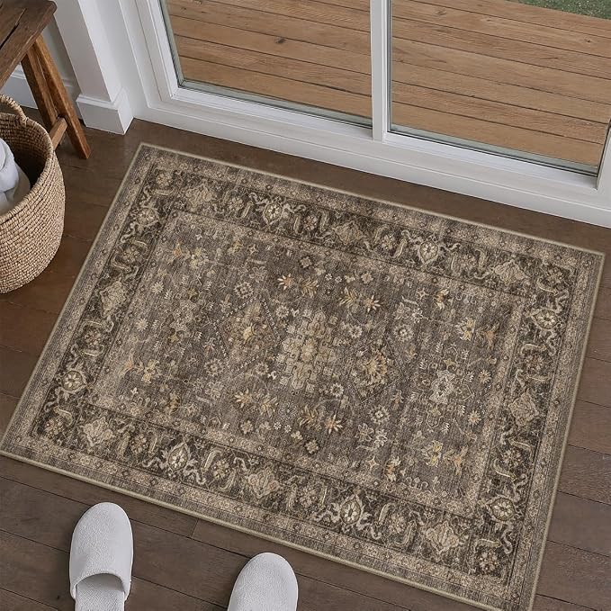 2x3 Washable Area Rug for Entryway Kitchen Vintage Brown Non Slip Low Pile Door by WondRg