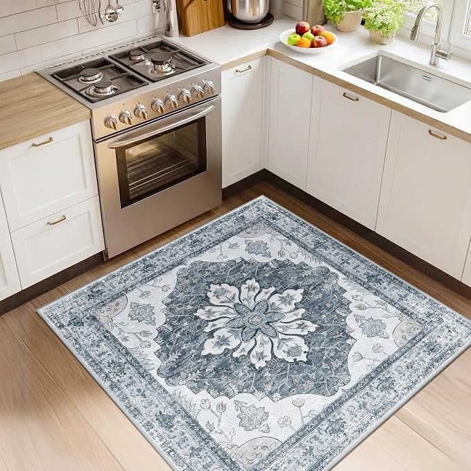 RELEANY Area Rugs Square 4ft Washable Non-Slip, Floral Vintage Distress Print by RELEANY