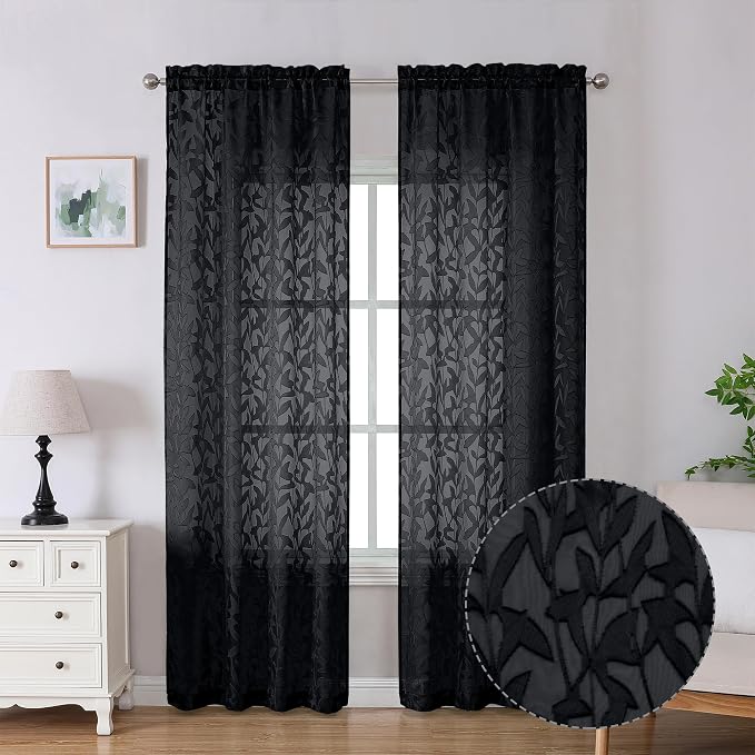Lecloud Leia Black Sheer Curtains 90 Inches Long 2 Panels, Breathable Jacquard by Lecloud