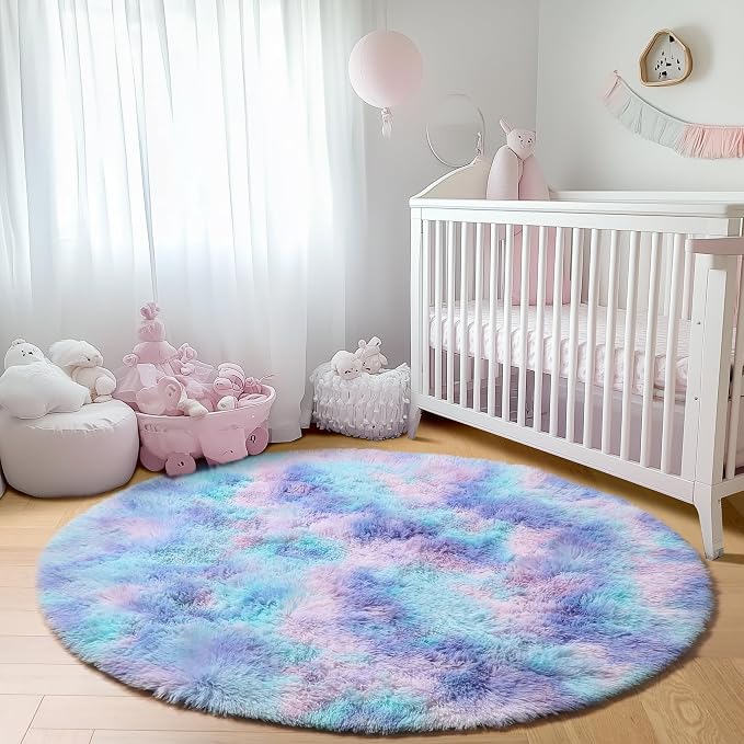 ONASAR Rainbow Round Area Rugs 6ft, Fluffy Soft Bedroom Circle Rug - Image 7