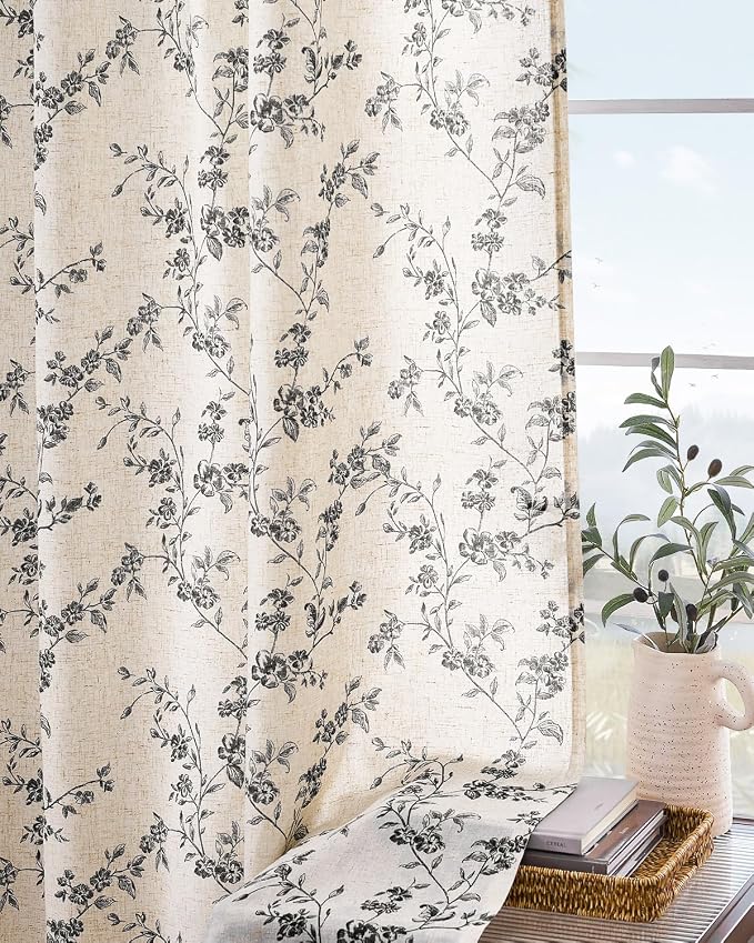Lazzzy Farmhouse Linen Curtains Black Floral Curtains 63 Inch Length Back Tab - Image 8