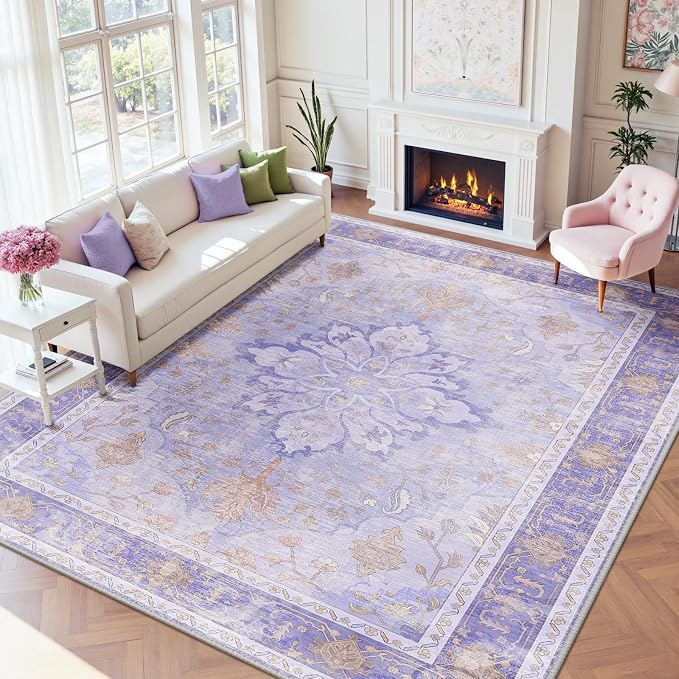 RELEANY Area Rugs 9'x12' Washable Non-Slip, Floral Vintage Distress Print by RELEANY