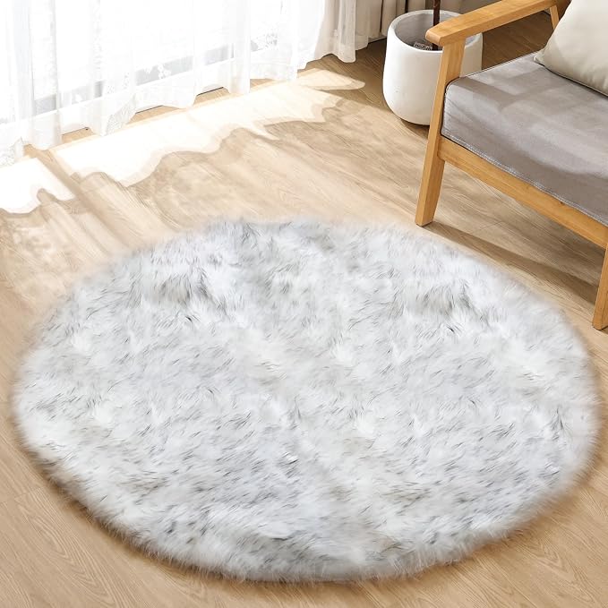 ORINOVA White and Grey Round Shag Rug 4ft Faux Sheepskin Fur Rugs by ORINOVA