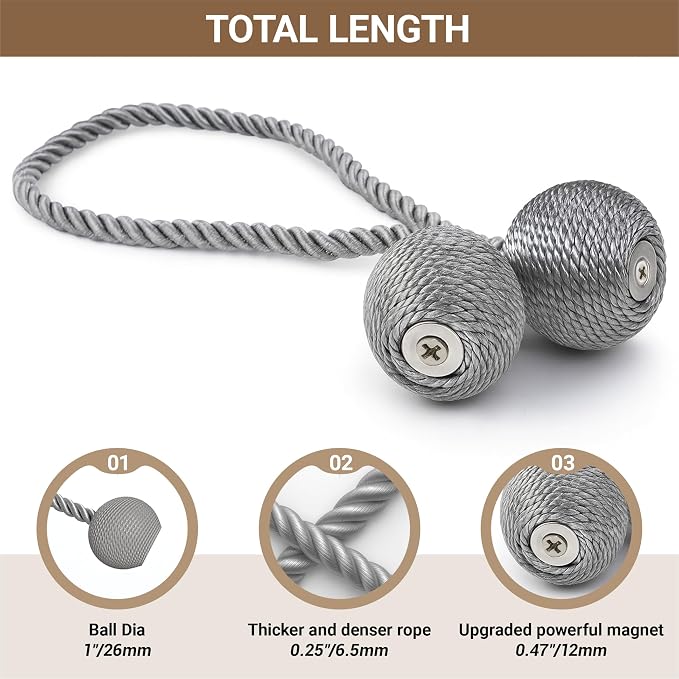 Hion Magnetic Curtain Tiebacks Grey 4 Pack, Curtain Tiebacks Buckles Holdbacks - Image 2