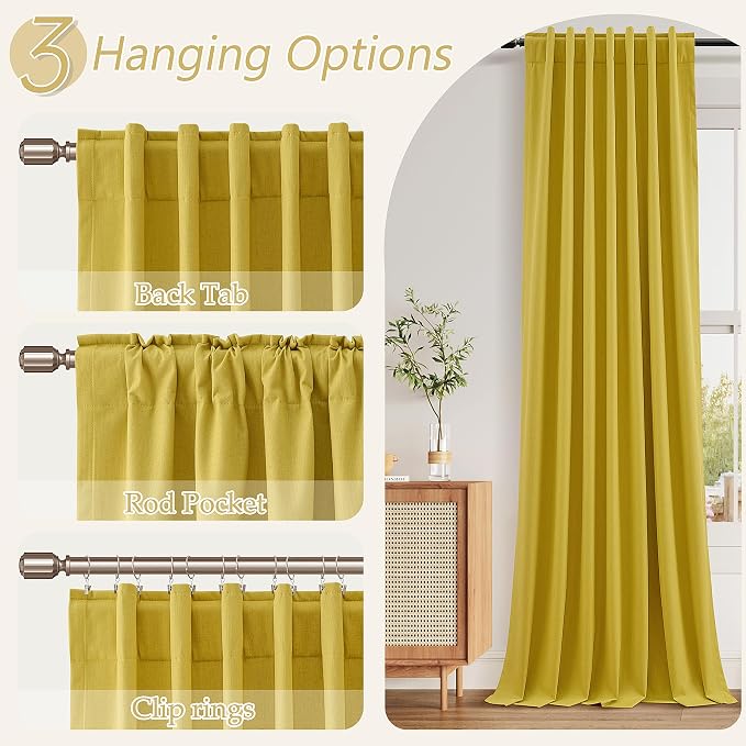 Guken Celery Yellow 100% Blackout Linen Curtains 102 Inch Length 2 Panels Set - Image 4
