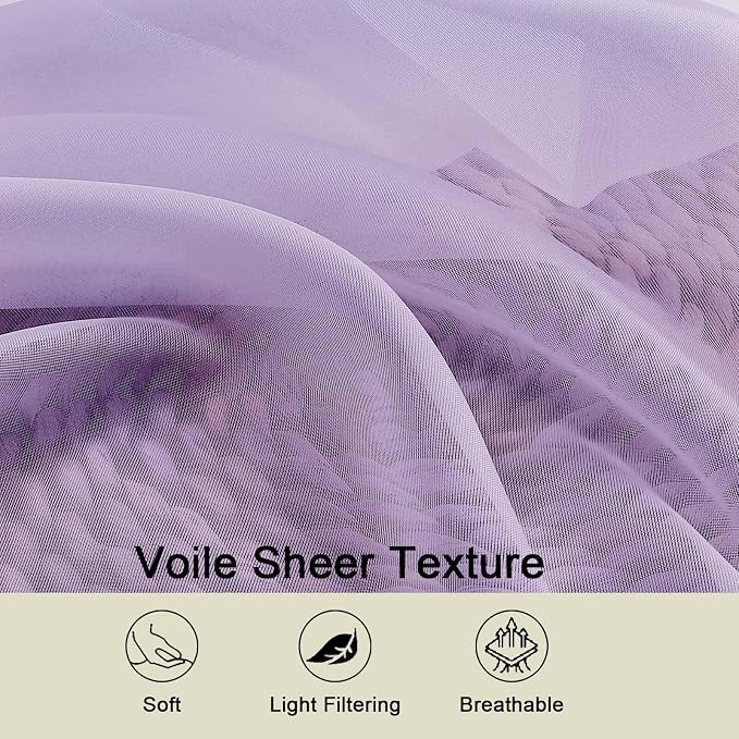 Sheer Lavender Curtains for Bedroom Living Room 54 Inch Length 2 Panels Set - Image 3