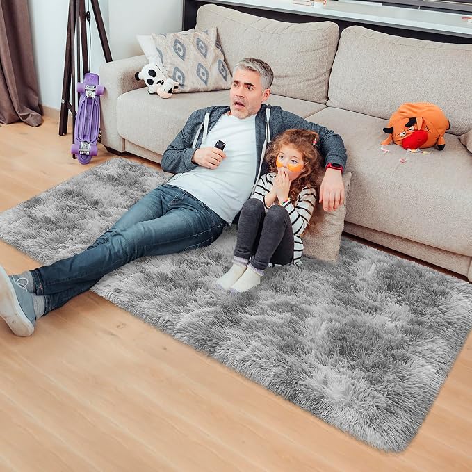 Super Soft Fluffy Living Room Area Rug 2x5 ft Tie-Dyed Light Grey Shaggy Furry - Image 3