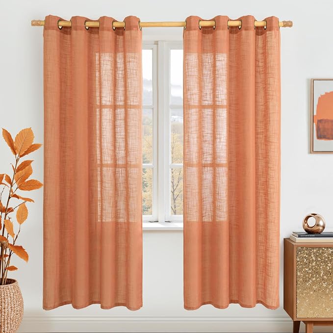 LAMIT Burnt Orange Sheer Linen Curtains 80 inch Length, Light Filtering Linen by LAMIT