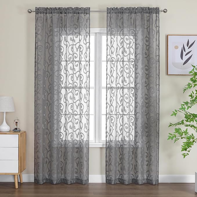OWENIE Furman Extra Long Sheer Charcoal Gray Curtains 96 inches Long - Image 2
