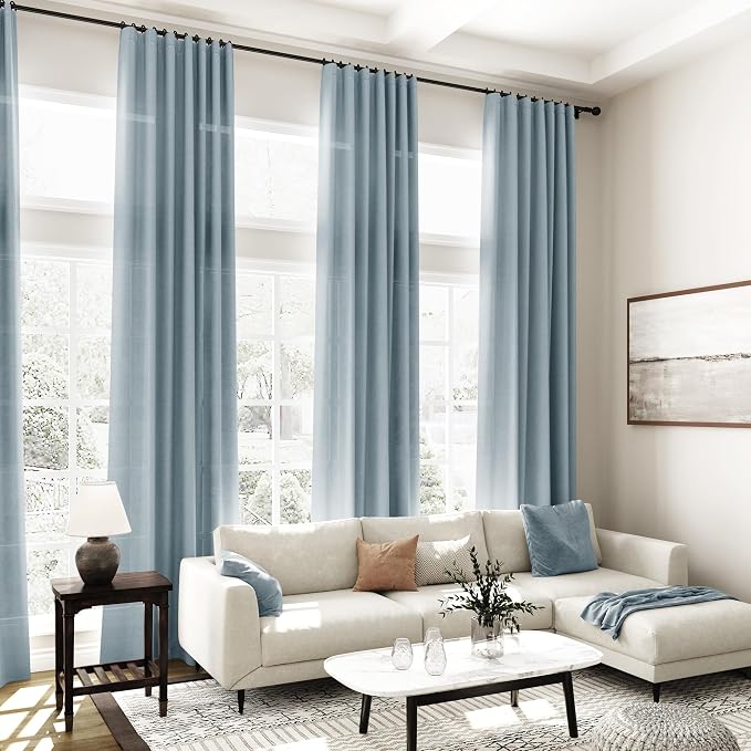 Nanspring Light Blue Linen Curtains Semi Sheer 96 Inches Long 2 Panels Set - Image 7