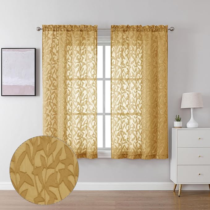 Lecloud Leia Dark Gold Sheer Curtains 54 Inch Length 2 Panels, Light Reducing by Lecloud