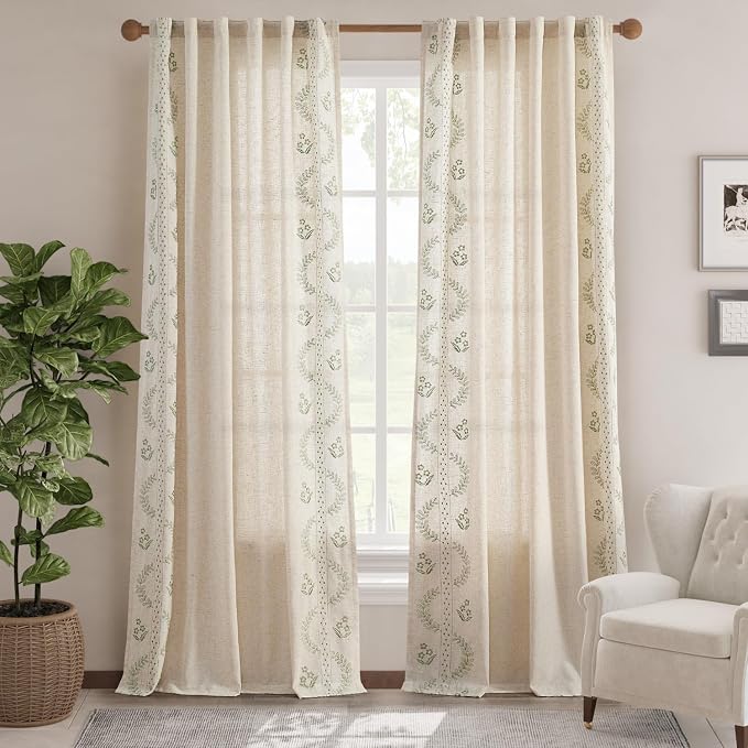 jinchan Belrose Linen Curtains for Bedroom Floral Curtains 96 Inch Length Linen - Image 2