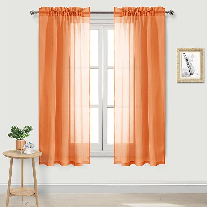 DWCN Sheer Orange Curtains 63 inch Length 2 Panels Set, Rod Pocket Solid Color by DWCN
