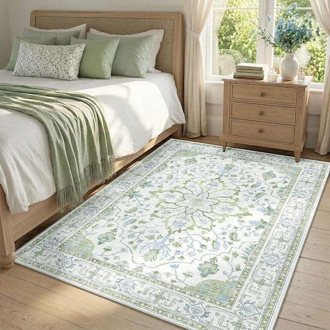 Area Rugs 4'x6' Washable Non-Slip, Floral Vintage Distress Print Pattern by RELEANY