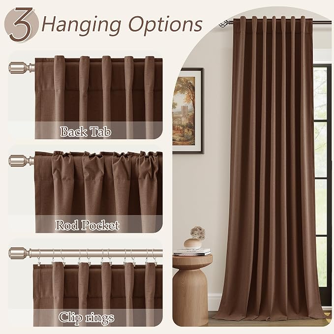 Rustic Brown 100% Blackout Linen Curtains 108 Inch Length 2 Panels Set - Image 6