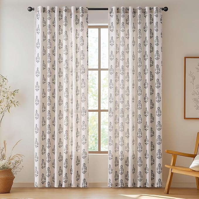 jinchan Linen Floral Curtains for Living Room 84 Inch Length Black Flower - Image 2