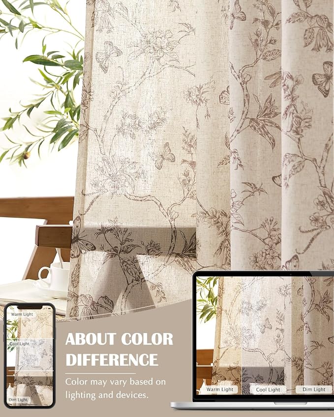 jinchan Floral Linen Curtains for Living Room 96 Inch Length Butterfly Curtain - Image 7