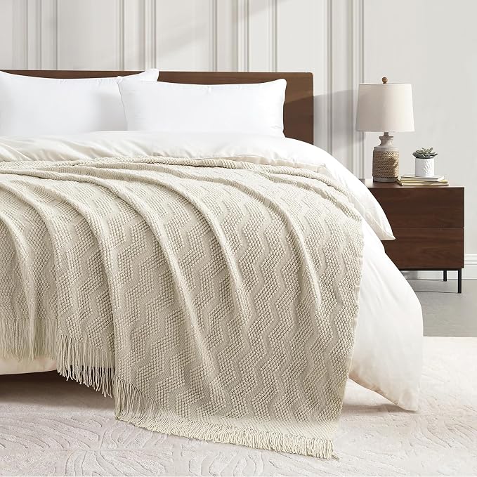 BOURINA Beige Throw Blanket 50x60 Inches Throw Textured Solid Soft Ripple - Image 4