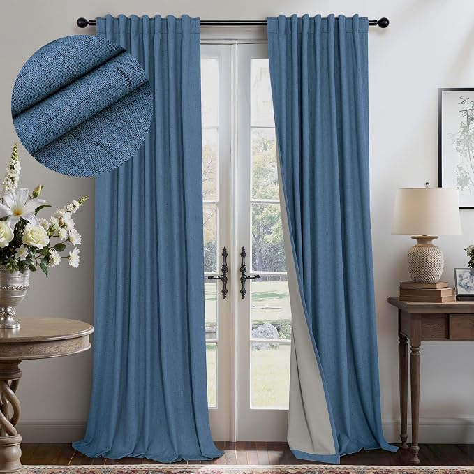 Denim Blue Back Tab Blackout Curtains 108 Inches Long 2 Panel Set Cotton Linen by Pitalk
