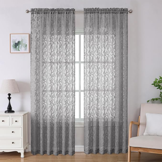 Lecloud Leia Charcoal Grey Sheer Curtains 96 Inches Long 2 Panels, Airy Leaf by Lecloud