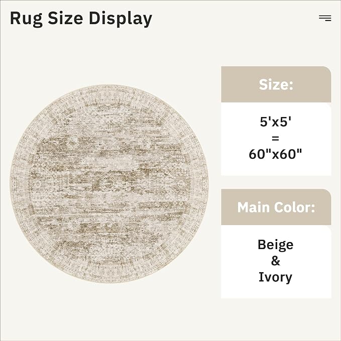 Soalmost 5x5 Brown Round Rug 5ft Living Room Circle Rug Vintage Round Area Rug - Image 5