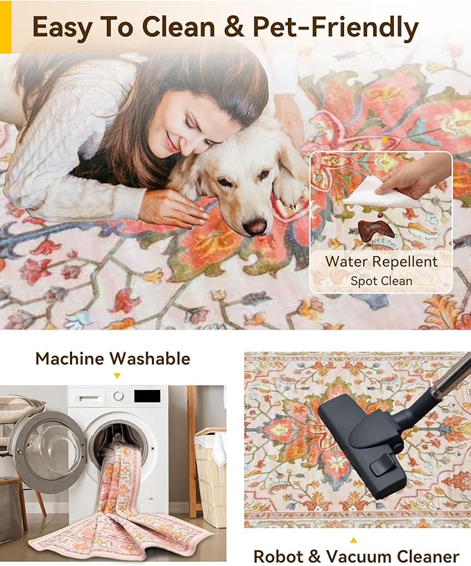 Area Rugs 6ft Washable Non-Slip, Floral Vintage Distress Print Pattern - Image 3
