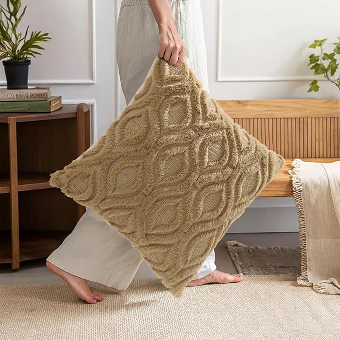 decorUhome Throw Pillow Covers 26x26 Inch Set of 2, Soft Plush Faux Wool Khaki - Image 9