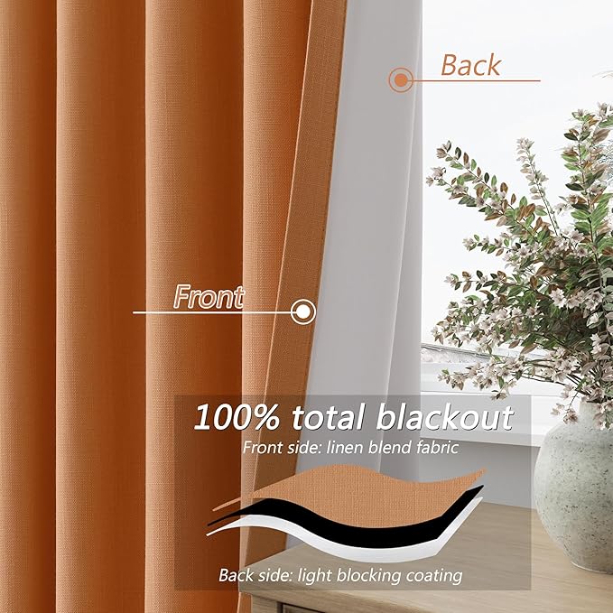 Guken Orange 100% Blackout Linen Curtains 96 Inch Length 2 Panels Set - Image 4